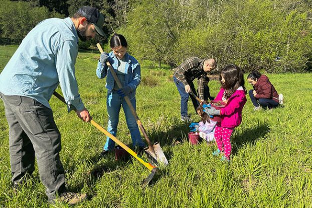 Kirby Neumann-Rea/News-Register##The Orozco family of Newberg plants milkweed Saturday, April 20, at Miller Woods, with help from Jordan Anderson, Soil and Water District conservation technician. Vanessa Orozco, right, holds a milkweed plant while her older sister, Sofia, digs a hole. Planting more milkweed are parents Victor and Sidney Orozco, and Chloe. Also helping was younger brother Emiliano.